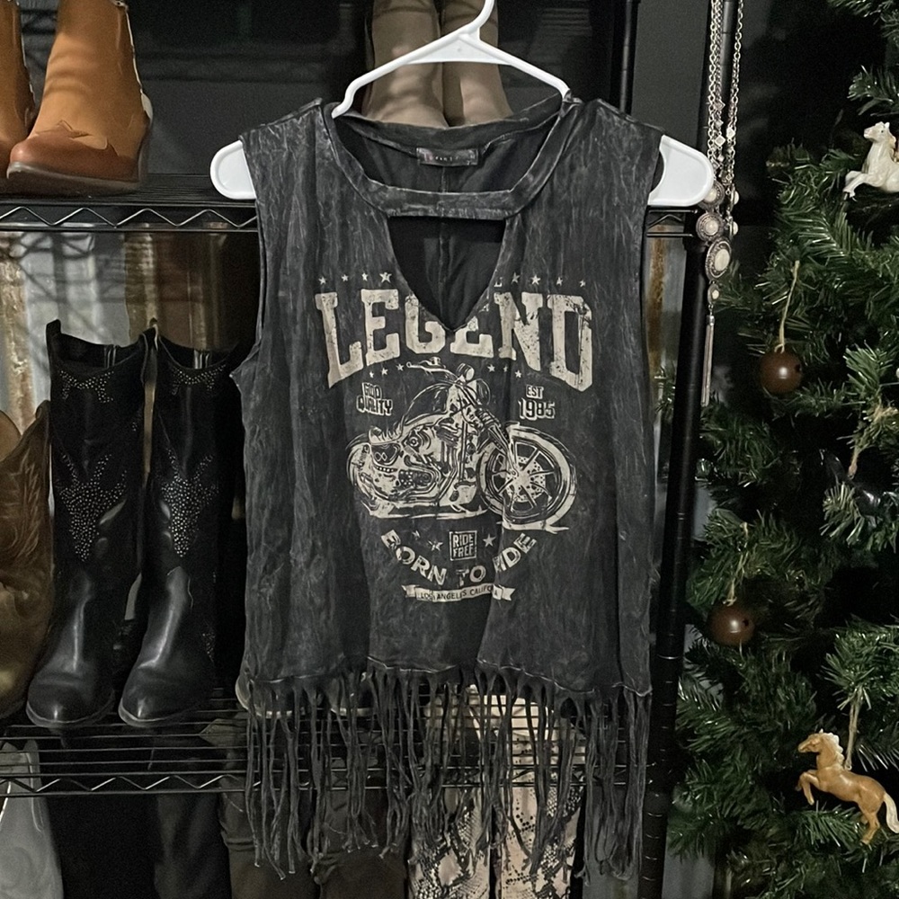 Legend Tank Top Graphic Tee Born to Ride with Tassels